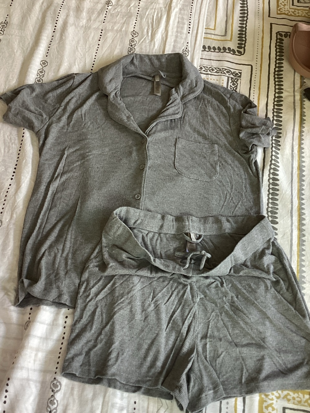 SKIMS Gray Short Sleeve Button Pajama Top & Drawstring Shorts Set